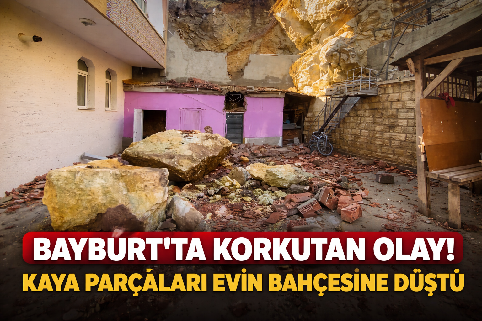Bayburt’ta Korkutan Olay: Dağdan Kopan Kayalar Apartmanın Bahçesine Düştü